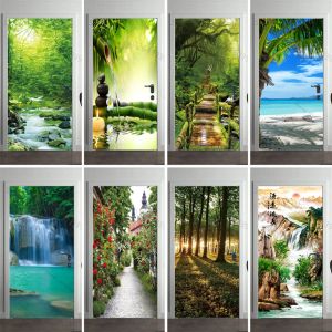 Stickers 3D Green Tree Bamboo Candle Door Stickers Bedroom Bathroom Jungle Coconut Palm Bridge Door Wallpaper Decorative Modern Design