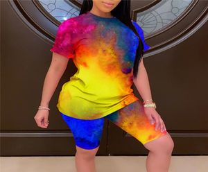 Plus Size Rainbow Tie Dye Two Piece Set Summer Clothes For Women Short Sleeve Slim Fit Top And Stacked Leggings Pant Sweat Suits C6156357