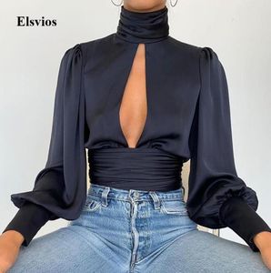 Turtleneck Satin Silk Women Blouse Sexy Hollow Out Backless Shirt Blouses Elegant Autumn Long Sleeve Pleated Ladies Tops Blusa9674137