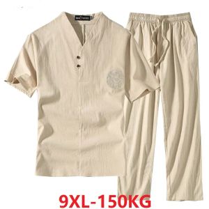 T-Shirts Men's Clothing Large Size Tracksuit Husband 2023 Summer Suit Linen tshirt Fashion Male Set Chinese Style 8XL 9XL plus Two Piece