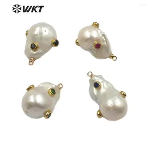 Pendant Necklaces WT-MP138 Natural Freshwater Pearl & CZ Paved Random Shape With Multi Color Gem Stone Charm