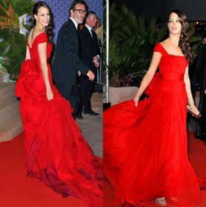 Berenice Bejo Red ChiffonイブニングドレスセレブリティドレスチャーミングキャップスリーブボウバックタンクストラップスイープトレインレッドカーペットプロムDR9422851