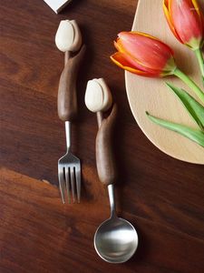 Dinnerware Sets Stainless Steel Spoon And Fork Set For Household Western Tableware Wooden Handle Japanese Style One Person