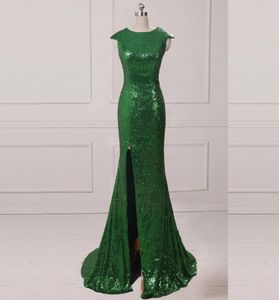 Bling Bling Emerald Green Sequined Dress Jewel Neck Capped Sleeveless Mermaid Elegant Evening Dress with Split Prom Gowns Sweep Tr6737352