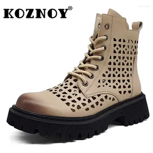 Stiefel Koznoy 5cm Sommer Frauen Hollow Sandalen Knöchel mittlere Wadenstiefel Motorraddesigner Moccasins natürliche echte Lederschuhe