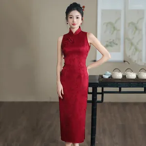 Etnisk kläder Sexig grimma kvinnor kinesiska klänningar rött tryck vintage cheongsams qipao kvinnlig ärmlös mandarin krage party klänning vestidos