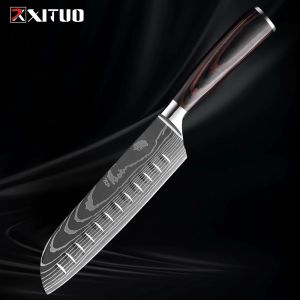 Santoku Messer 7inch Küchenkochmesser, hoher Kohlenstoff Edelstahl Japanisches Kochmesser Vollgeschwüre Fleischschneidemesser