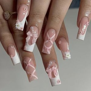 24st Pink Bow Design False Nails Long Ballet Tryck på med Pearl Wearable Coffin Fake French French Finger Nail 240423