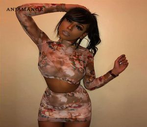 Anjamanor Angel Print Sheer Mesh sexy Outfits 2 -teilige Frauen Langarm Crop Top Rock Zwei -Stück -Club -Matching -Sets D37AZ70 T7907590