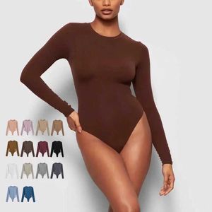 Женские комбинезоны снимают 14 цветов Женщины Long Slve o Neck Casual Bodyysuit in Rib Bodycon Romper Body Jumper Хорошее растяжение Y240504