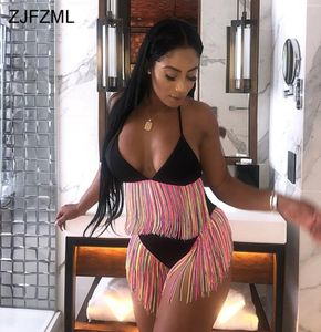 Zjfzml Colorful Tassels Summer Two Piece Set Women Halter V Neck Backless Crop Toppurple High Wiast Short Sexy 2 Piece Outfits C19900073