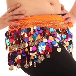 Scen Wear Colorful Sequin Belly Dance Belt Bellydance Costume Chiffon Kjol Wrap Gold Coin Midjan Shining Dncing Party Decorations