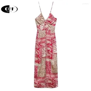 Abiti casual Off Designer Holiday Beach Chic Vintage Floral Stampa Midi senza schiena Long for Women Zevity V-Neck Spaghetti Strap Vestidos