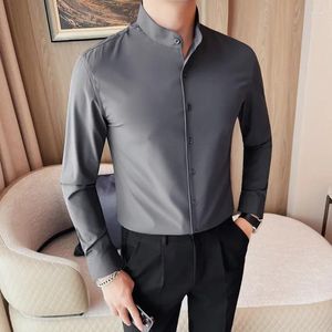 Men's Casual Shirts Social Brand Stand Collar For Men Clothing High Quality Slim Fit Long Sleeve Formal Dress Shirt 5XL-M