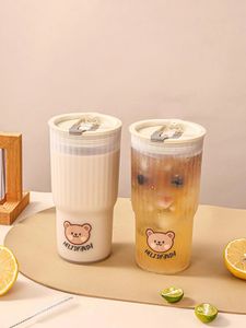 WORTHBUY Cute Bear Plastic Water Cup Portable Beverage Juice Bottle For Travel Sport Leakproof Tumbler With Lid Drinkware 240422