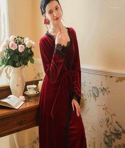 Women039s Sleepwear Velvet Women039s Robes Set Night Dress Court Style Winter Sling Nightdress Home Wear Wine Red Long Gown 5182171