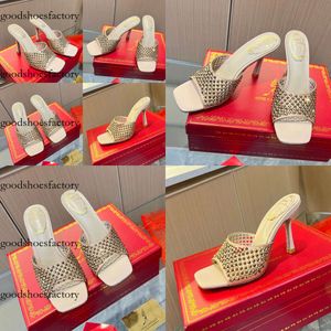 Rene Caovilla Kristal Terlik Rhinestones Açık Toe From Mules Slaytlar Sandalet Topuklu Slip Onstiletto Topuk Ayakkabı Kadın Tasarımcı Deri Dış Tabanı