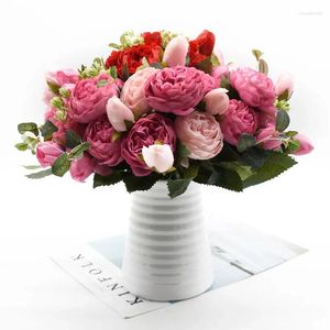 Flores decorativas de 30 cm de rosa rosa seda peônia buquê artificial 5 grande cabeça e 4 plantas falsas para decoração de casamento em casa na porta