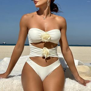 Women's Swimwear White 3D Rose One Piece Brazilian Swimsuit Cut Out Flower Bathing Suit Summer Vacation Beach For Women With Flowers