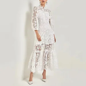 Casual Dresses Jamerary Brand Designer Flower Brodery White Lace Prom Dress Women Summer Autumn Holiday Long Sleeve Maxi Party Vestidos