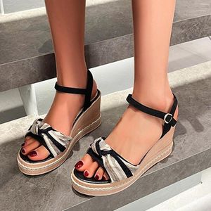 Sandalen Ladies Wedge Ferse One Line Schnalle Bunte Wickelknoten dekorative Einzelverband Fischmund Pantetten offene Spitzenschuhe