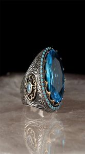 Pierścienie S 925 Srebrny pierścień Blue Topaz Stofstone Mężczyzna dla kobiet biżuteria 1psc7743868