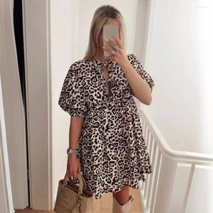 Party Dresses Loose Cut Dress Elegant Leopard Print Lace-Up Mini för kvinnor Hollow Out O Neck PeTed A-line med sommaren
