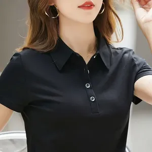 Women's Polos Woman T Shirt Black Polo Neck Women Button Plain Basic Casual Tops Youth Youthful Elegant Korean Style Clothing Trend 2024