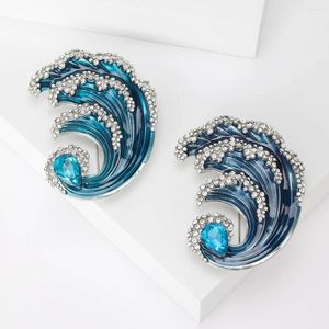 Brosches Women Rhinestone Brosch Strange Fantasy Sea Wave Lapel Suit Pin Crystal Emamel Blue Ocean Badge Party Accessories Luxury Jewelry