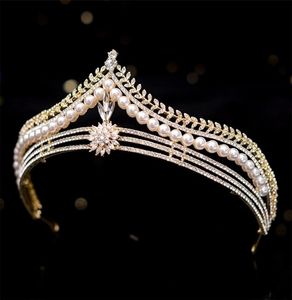 Baroque Retro Gold Kristall Perle Braut -Tiaras Kronen Geometrische Festzug Diadem Braut Stirnband Hochzeitshaarzubehör 2202172183576