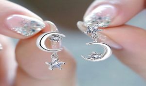 Neuer Stil 925 Silberschild Sterne und Mondstollen Ohrringe weiße CZ Stone Drop Ohrringe für Frauen Mädchen Jubiläum Party Schmuck 6094959