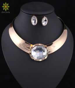 Statement Women Choker Necklace Earrings Set Gold Color African Chunky Rhinestone Pendant Necklace Collar Jewelry Sets1128017