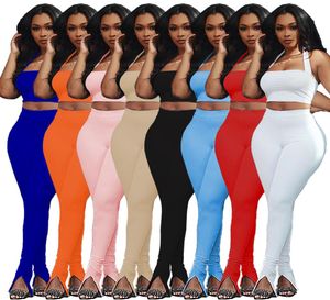 Summer Sexy Womens 2 Two Piece Pants Fashion Casual Solid Color Tracks Split Halter Neck Straps Slim Tube Top Trousers Suit Ni8253867