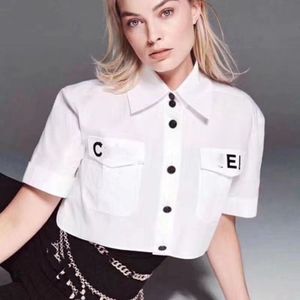 Mulheres Turn Down Collar Runway Designer Short Sleeve Shirt Logo Letter Borderyer Blouse Blouse Smlxl