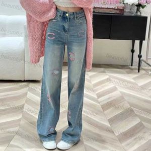 Designer women's jeans High version 24 early spring new high-end fashionable pink flocked high waisted straight leg jeans in two colors