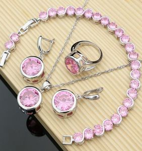 Bröllopsmycken sätter kvinnor elegant silver 925 Big Pink CZ Stone Earrings Rings Fashion Accessories Necklace Kit Drop6286563