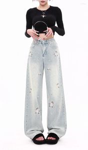 Jeans feminino Versão coreana de flores doces no verão casual aparecem feminino de cintura largura calça de perna larga fêmea feminina