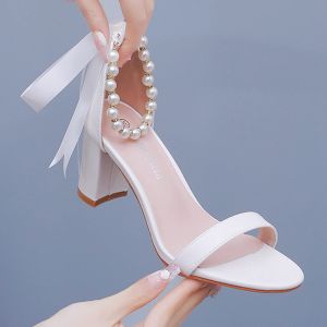 النساء الأبيض الكعب العالي المفتوح اصبع القدمين أنثى شريط الشريط الديكور في الكاحل حزام مثير اللباس أحذية الزفاف C07B