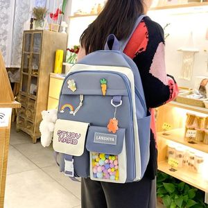 School Bags 2024 5 Pcs Sets Women Backpacks High Nylon Backpack Fashion Book Designer Female With Plush Pendant Cute