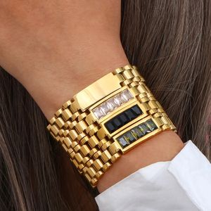 Oringinal Design Green Black White 3A Zircon Paved Watchband Wrist Bracelets For Women Stainless Steel Gold Plated Bangles 240423