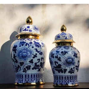 Flaskor kinesiska blå och vit porslin lagringstank keramik vas tätade burk skrivbord prydnad vardagsrum hem dekoration gåva