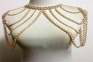 Chran Fashion Women Sexig Gold Color Body Necklace Chain Charm Multi Layer Faux Pearl Shoulder Slave Belly Belt Harness Jewelry1142980