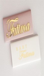 12x Personalizzato Acrilico Oro Specchio oro Nomi tagli laser Nome Baby Place Cards Tavolo da matrimonio Decorazioni Dispositivo Battismo Cioccolato Y26780269