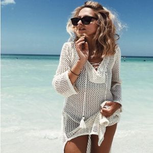 Kvinnors baddräkt 2021 Summer Mesh Hollow Out Crochet Dress Bathing Cover Ups Beach Dresses Tunics Wrap Kirt Swimwear 210r