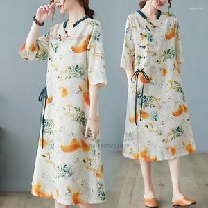 Ethnic Clothing 2024 Chinese Improved Qipao Vintage Dress V-neck Cheongsam National Flower Print A-line Oriental Elegant Folk Loose