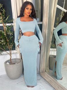 Work Dresses 2024 Casual 2 Two Piece Dress Sets Long Sleeve Crop Top Maxi Skirts Matching Party Fashion Streetwear Design Blue Suits