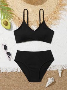 Women's Swimwear Bikini Girls Kids Swimsuit 2024 Solid Ribbed Sling Bikinis Set Children Summer Two Piece Beach Wear Bathing Suits