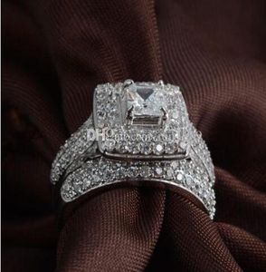 Fin lyxiga smycken prinsessan klippte 14kt vitt guld fylld full topas Gem simulerade diamantkvinnor bröllop förlovningsring set gåva3836926