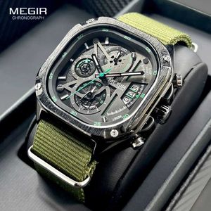 ساعة Wristwatches Megir Black Quartz Mens مربع ميدان مربع ساعة مع حزام من الفولاذ المقاوم للصدأ لتوقيت يدوي مضيئة التاريخ H240504