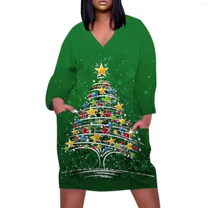 Vestidos casuais árvores de Natal Impressão de manga longa Vestido de tamanho grande para mulheres Tie Dye V Pescoço de Moda de Moda Estilo de praia